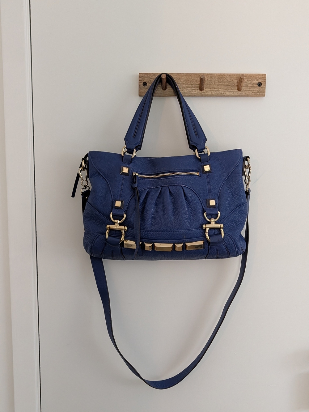 Navy Blue Women's Satchel Handbag with Gold Hardware